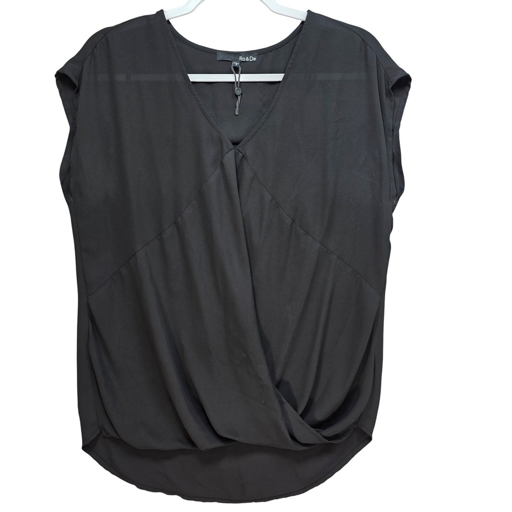 Ro and De Sleeveless Vneck Faux Wrap Blouse‎ Sz M Black Minimalist Dark Romantic